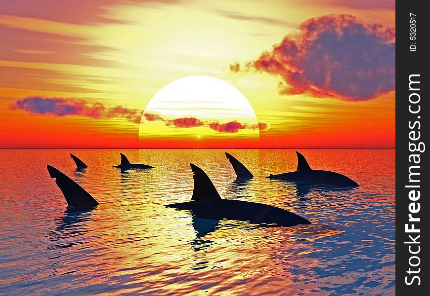 Big sharks and sunset sea - digital artwork.