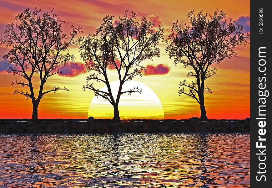 Trees line at a river beach - digital artwork.