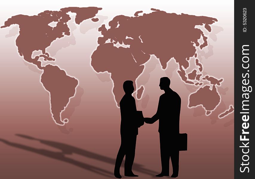 Two businessmen and a handshake in front of the world