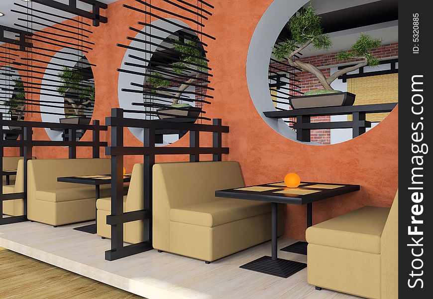Modern cafe in Japanese style 3D rendering