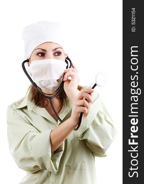 Nurse in white mask with stethoscope. Nurse in white mask with stethoscope