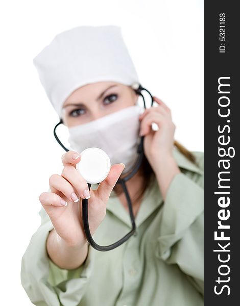 An image of a doctor in white mask with stethoscope