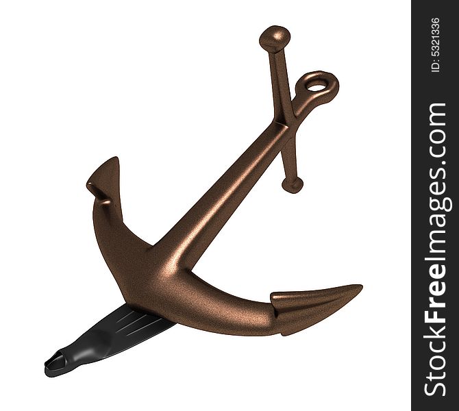 Black rubber flipper. On it the metal anchor lays. Black rubber flipper. On it the metal anchor lays.