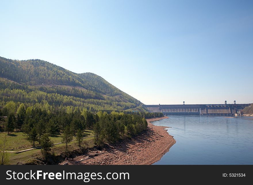 Krasnoyarsk hydroelectric power station on Yenisei river
