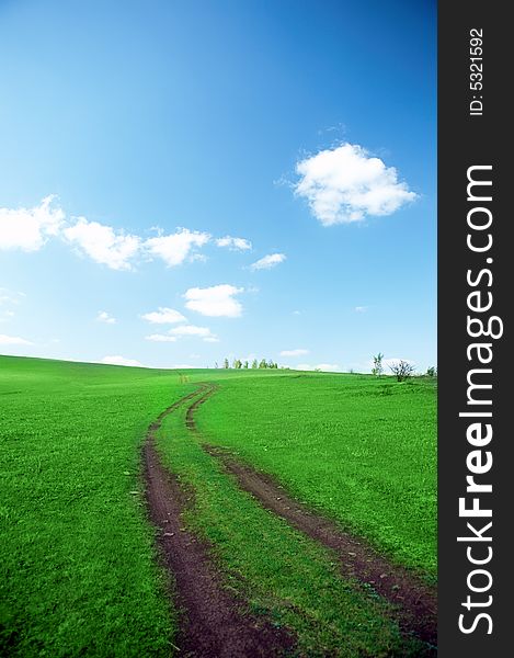 Landscape road in field with green grass under blue sky