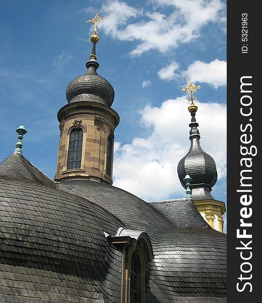 Roof tops with wrought iron spires of the pilgrimage church in Würzburg, Germany. Roof tops with wrought iron spires of the pilgrimage church in Würzburg, Germany.