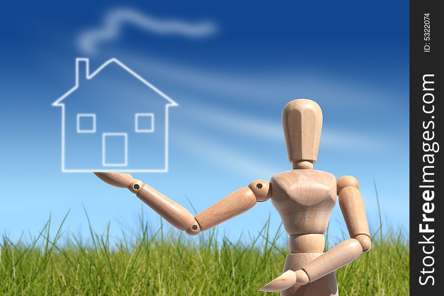 Wooden people giving new house. Buying new house concept. Wooden people giving new house. Buying new house concept.
