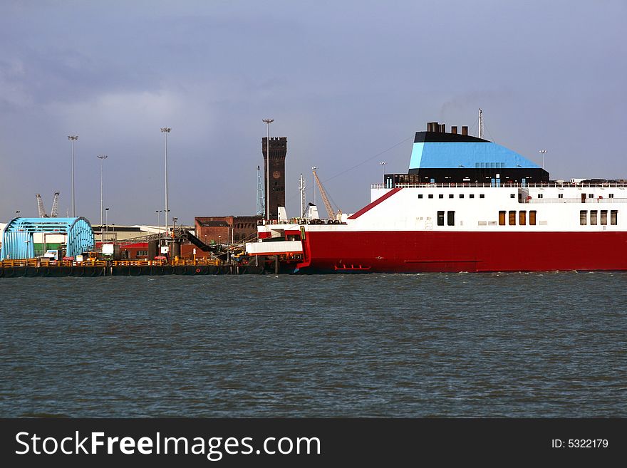 Ship being loaded at a ferry port in England