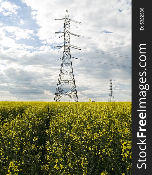 Hight voltage line on the rape field. In background blue sky
