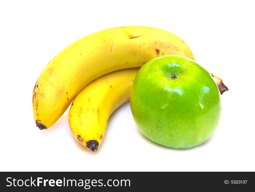 Green apple and two bananas (isolated)