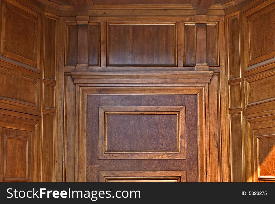 Detail of wooden panels of a church doors. Detail of wooden panels of a church doors
