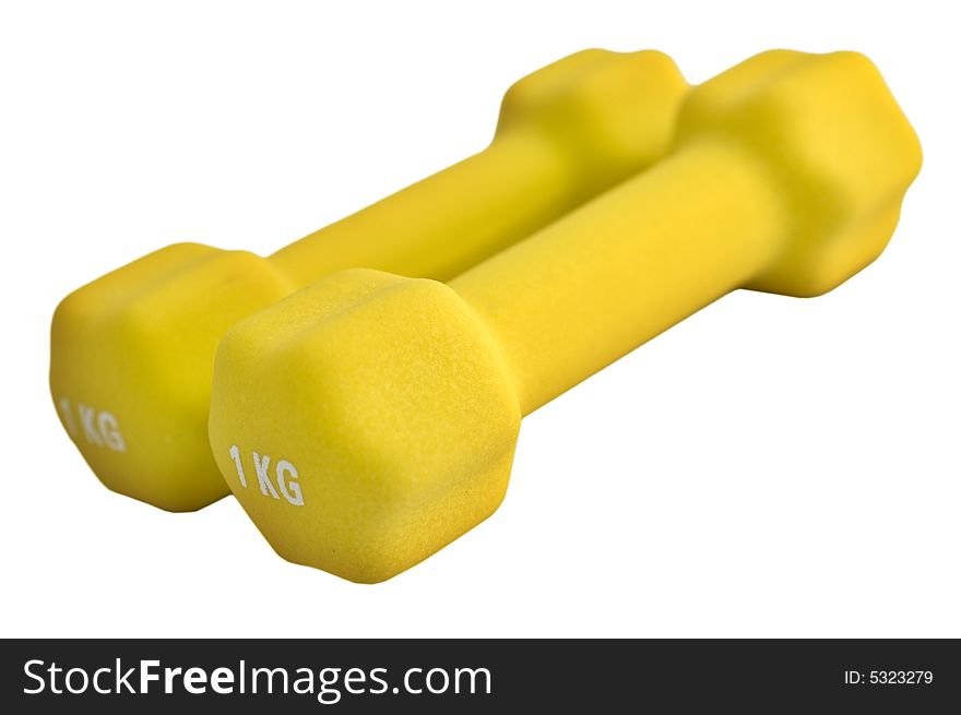 Close up of a pair of one kilogram dumbbells isolated on white. Close up of a pair of one kilogram dumbbells isolated on white