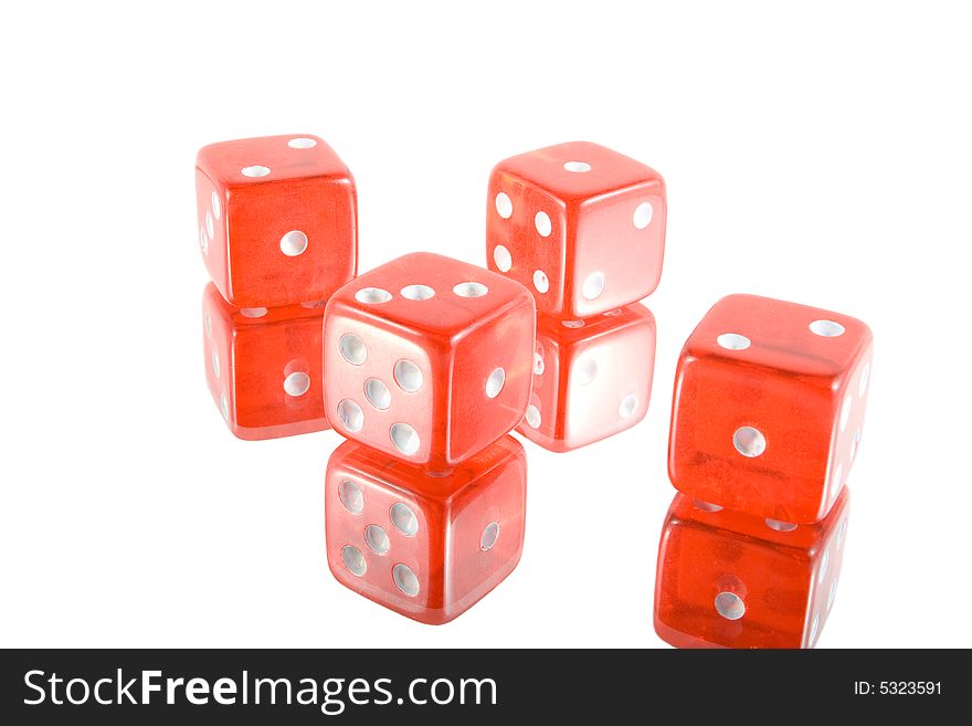 Four red glass dices on white background