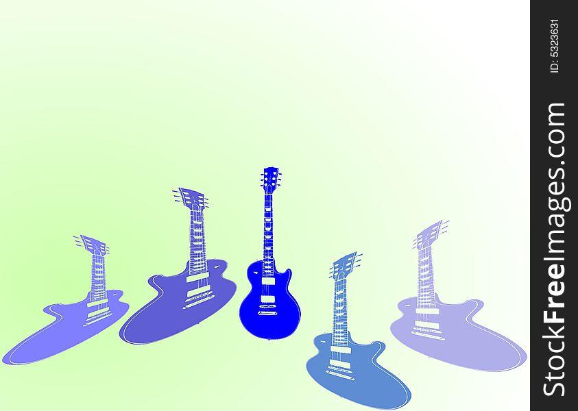 Five blue guitars on a green background illustration. Five blue guitars on a green background illustration