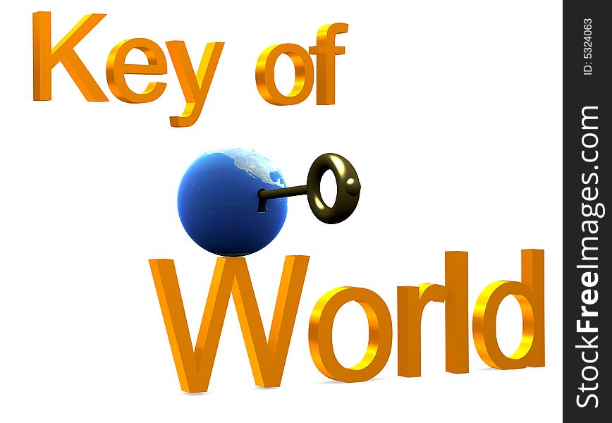 The three-dimensional image of the Earth with a key inside. Opening something. The Earth is between words  the Key from the World . The three-dimensional image of the Earth with a key inside. Opening something. The Earth is between words  the Key from the World