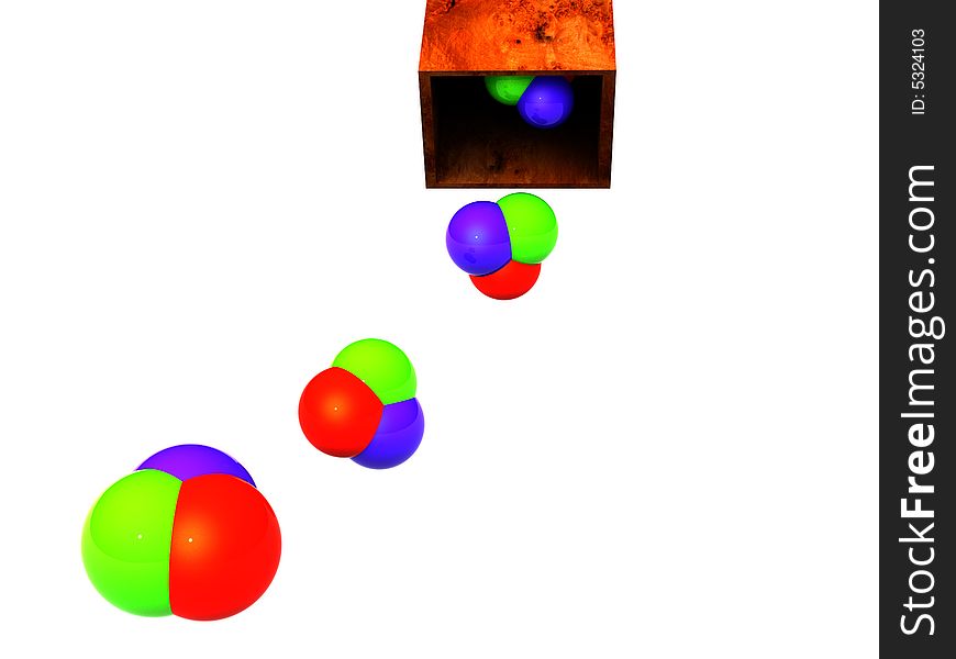 Three-dimensional picture with the image of a box from which drop out RGB soap bubbles. Three-dimensional picture with the image of a box from which drop out RGB soap bubbles