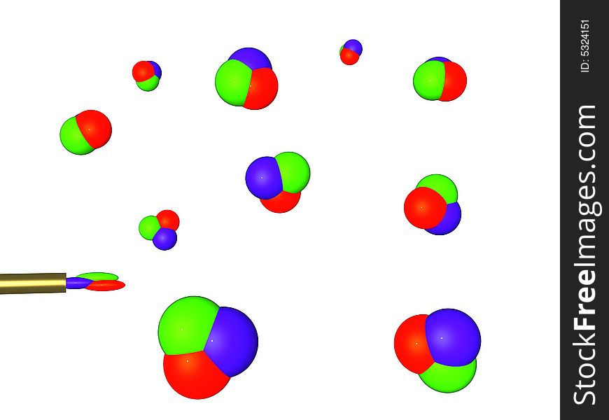 Three-dimensional picture with the image of soap bubbles of color RGB which take off from a tubule. Three-dimensional picture with the image of soap bubbles of color RGB which take off from a tubule