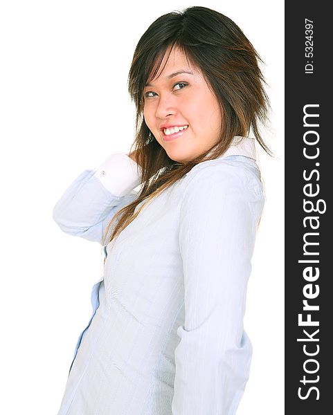 Happy young model in light blue shirt lean back and holding her hair. Happy young model in light blue shirt lean back and holding her hair