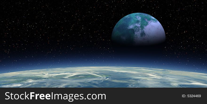 An orbital view of an alien moon rising over the blue planet below. An orbital view of an alien moon rising over the blue planet below.