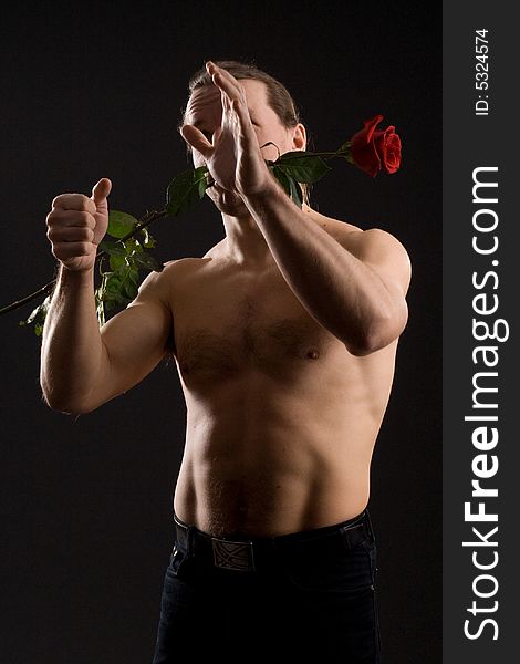 Clambering romantic man with red rose. Clambering romantic man with red rose