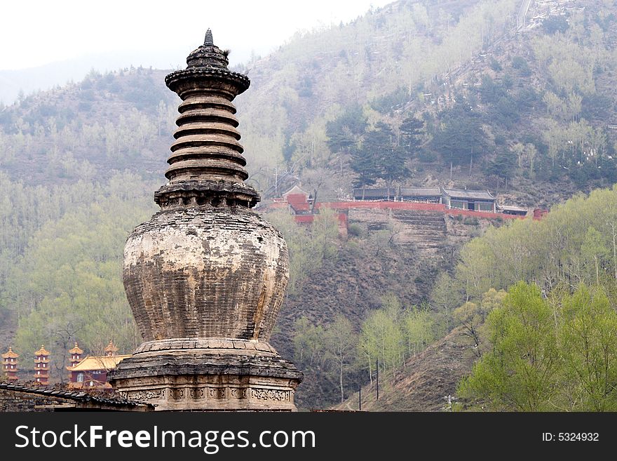 Ancient towers and temples in the mountain.