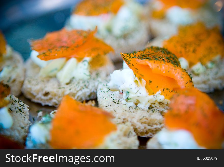 Smoked salmon hors derves with dill garnish