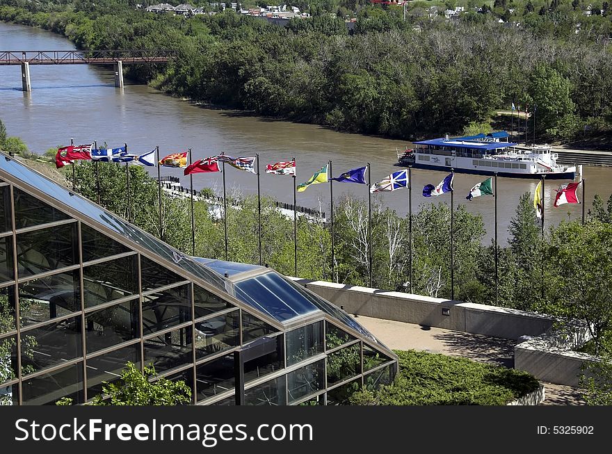 Canadian flags along the river valley in Edmonton, but could be any Canadian city.