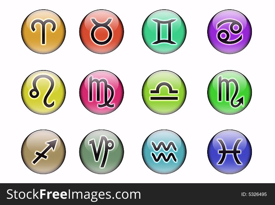 The twelve signs of the zodiac  in a glassy orbs. Isolated on a white background. The twelve signs of the zodiac  in a glassy orbs. Isolated on a white background