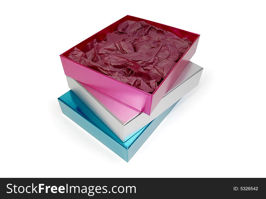 Three colorful glossy gift cartons.