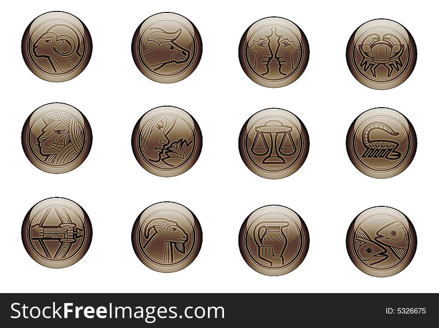 The twelve signs of the zodiac in brown glassy orbs. generated by computer and isolated on a white background