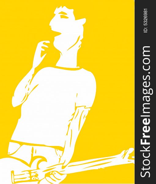 A Guitar playing rock star is illustrated with two tone yellow and white. A Guitar playing rock star is illustrated with two tone yellow and white.