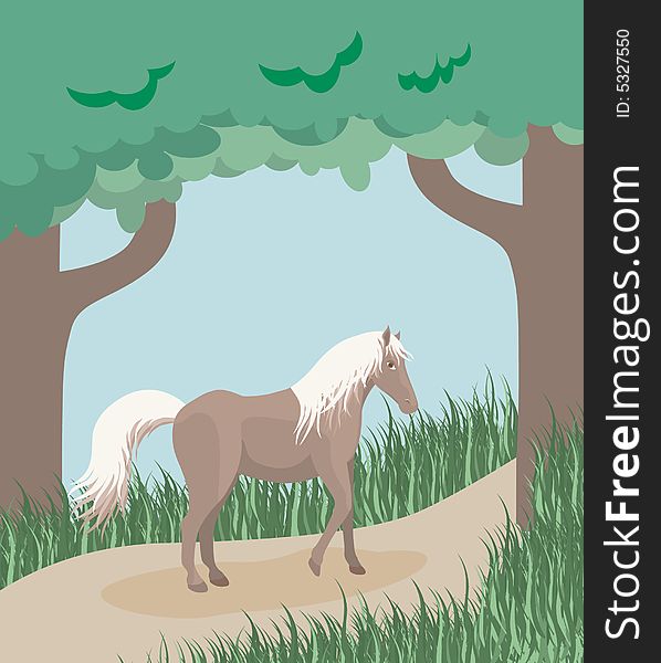 An illustration of a brown horse walking on a forest path. An illustration of a brown horse walking on a forest path.