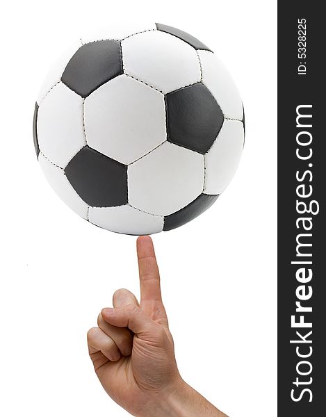 Classic soccer ball at finger, isolated on white