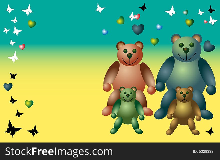Abstract illustration with butterfly shapes, hearts and colored teddy bears. Abstract illustration with butterfly shapes, hearts and colored teddy bears