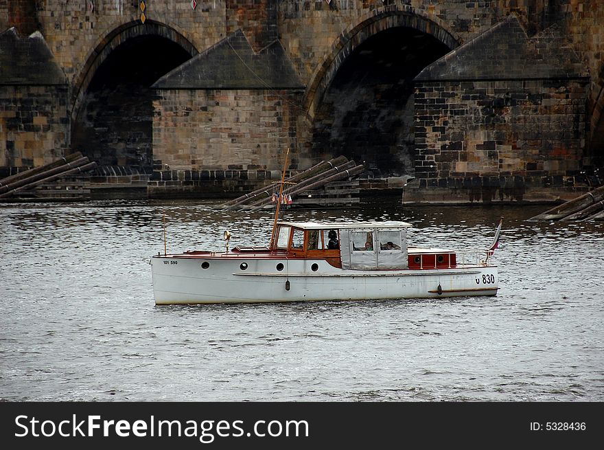 Prague.Charles Bridge,boat,Vltava.