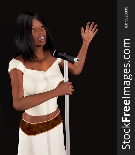 A young beautiful black woman singing with a microphone in her hand.