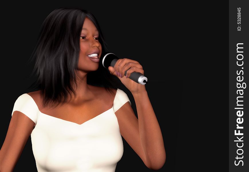 A young beautiful black woman singing with a microphone in her hand.