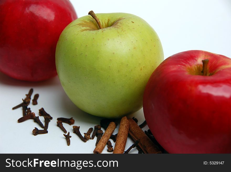 Green apple red apple with white background,close up shot