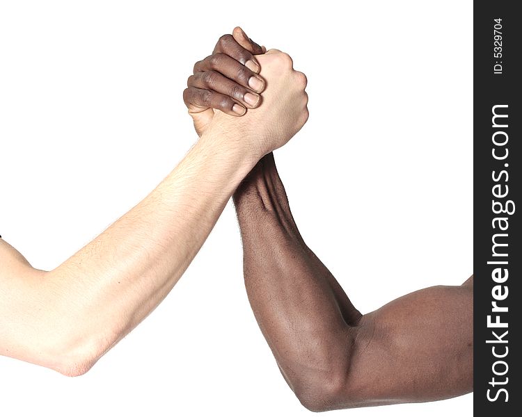 Black and white males shaking hands. Black and white males shaking hands