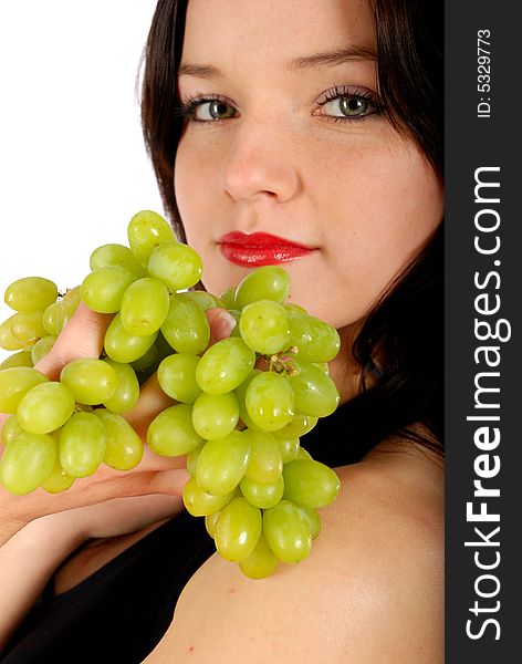 Green grape and nice women, isolated fruit. Green grape and nice women, isolated fruit