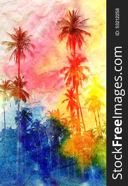 Beautiful watercolor colorful a retro coconut palms. Beautiful watercolor colorful a retro coconut palms