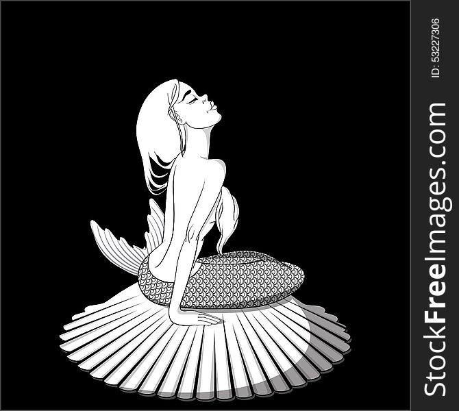 Mermaid with long hair sitting on seashell on black background vector illustration. Monochrome. Mermaid with long hair sitting on seashell on black background vector illustration. Monochrome.