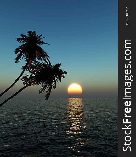 Sunset coconut palm trees on small island - 3d illustration.