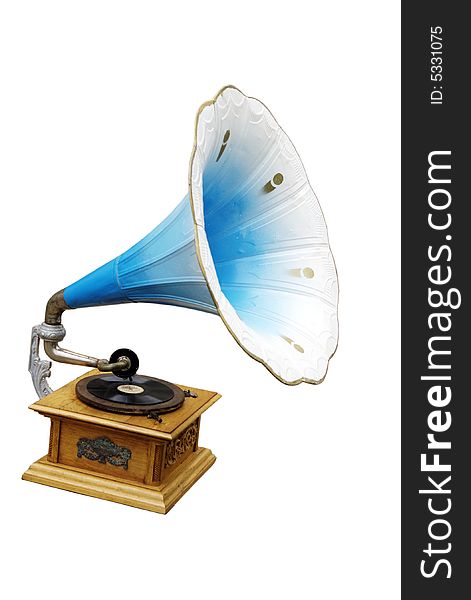 An old fashioned blue Gramophone isolated
