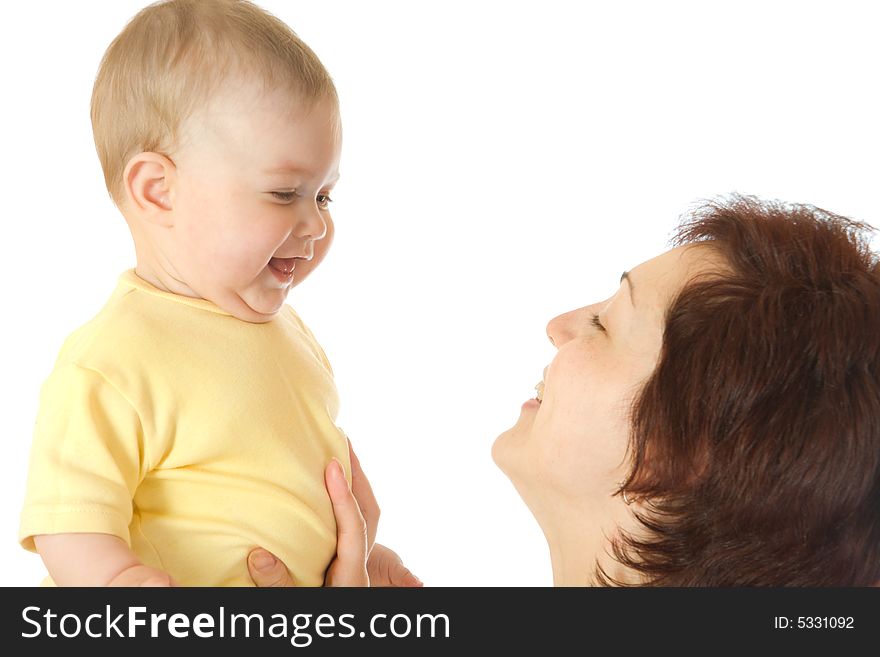 Small baby with mother isolated on white