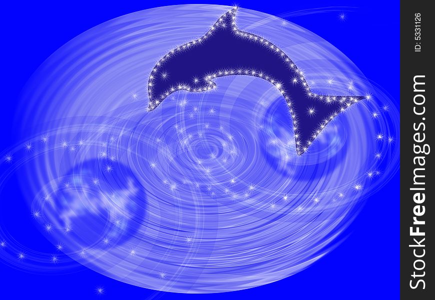 The blue dolphin floats in abstract star sky. Illustration
