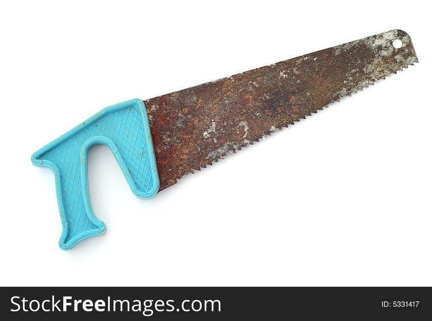 Small rusty saw with plastic handle on the white background. Small rusty saw with plastic handle on the white background.