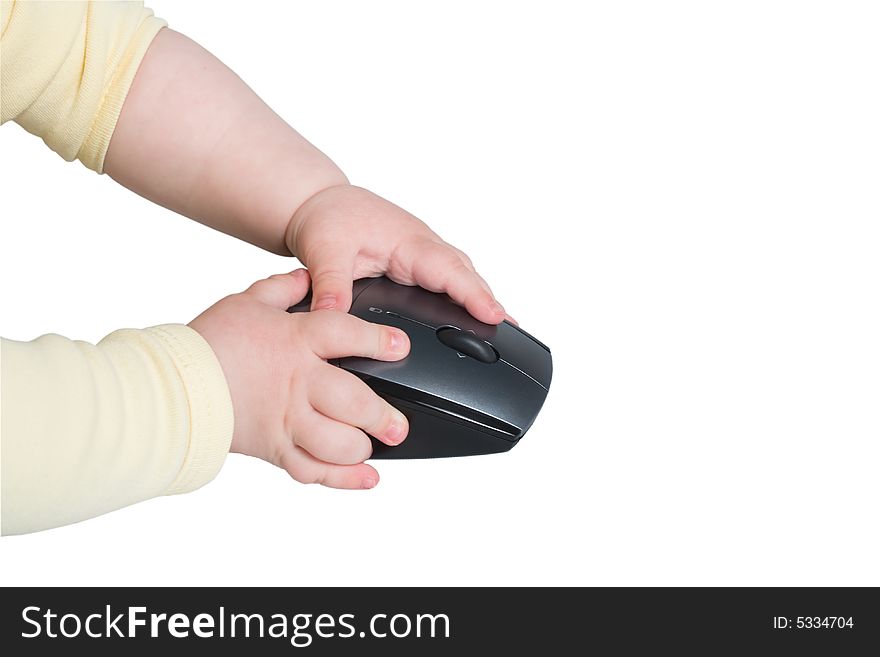 Hands of 10 months baby on the mouse. Hands of 10 months baby on the mouse.