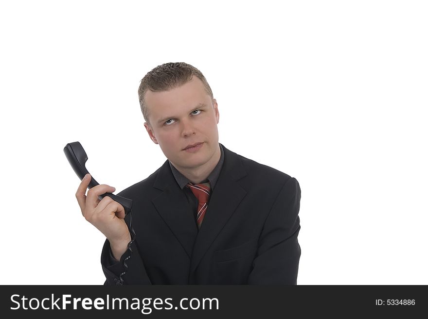 Frustrated dealer in phone receiver against a white background