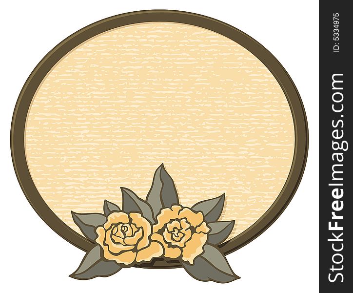 Decorative oval frame with roses in sepia tones.